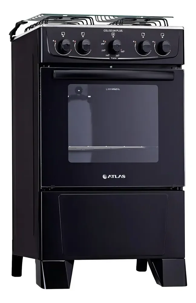 Fogão 4 Bocas Atlas Coliseum Plus Preto A Gás com Mesa de Inox e Forno de 50 Litros Acendimento Manual