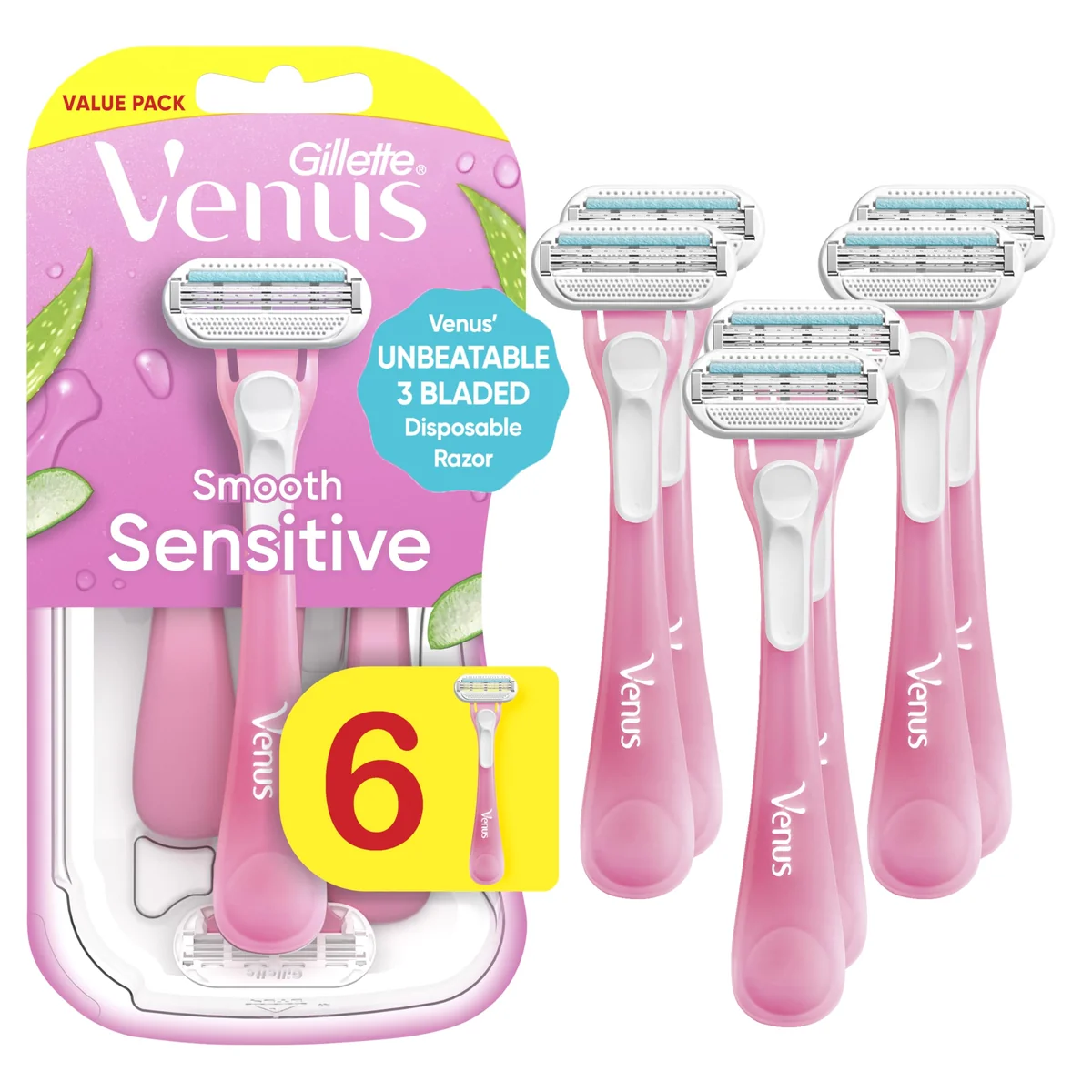 Gillette Venus Lâminas descartáveis sensíveis para mulheres com pele sensível, 6 unidades, proporciona um barbear rente com conforto