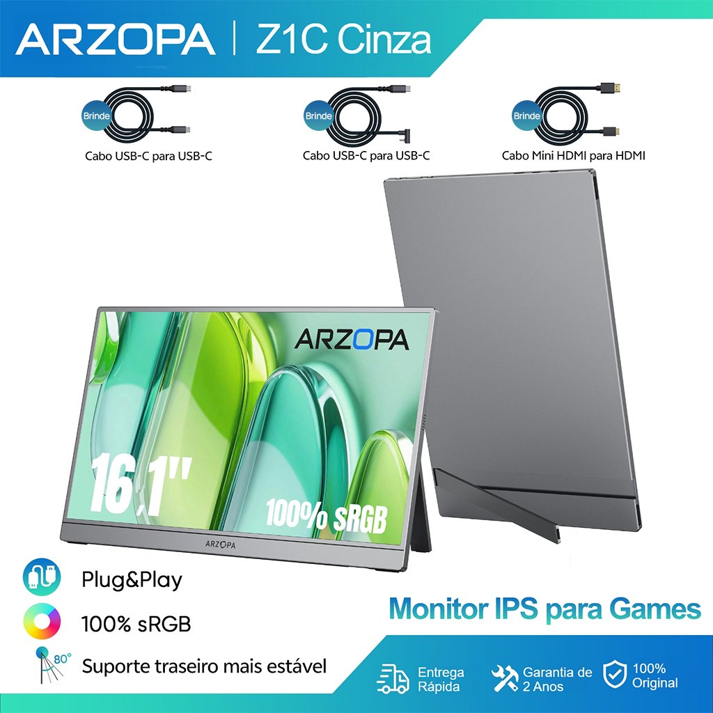 Arzopa Z1C Cinza-Monitor Portátil Com Suporte 100 % sRGB De 16.1 " , 1080P FHD Tela De Extensão De USB C HDMI Para PC