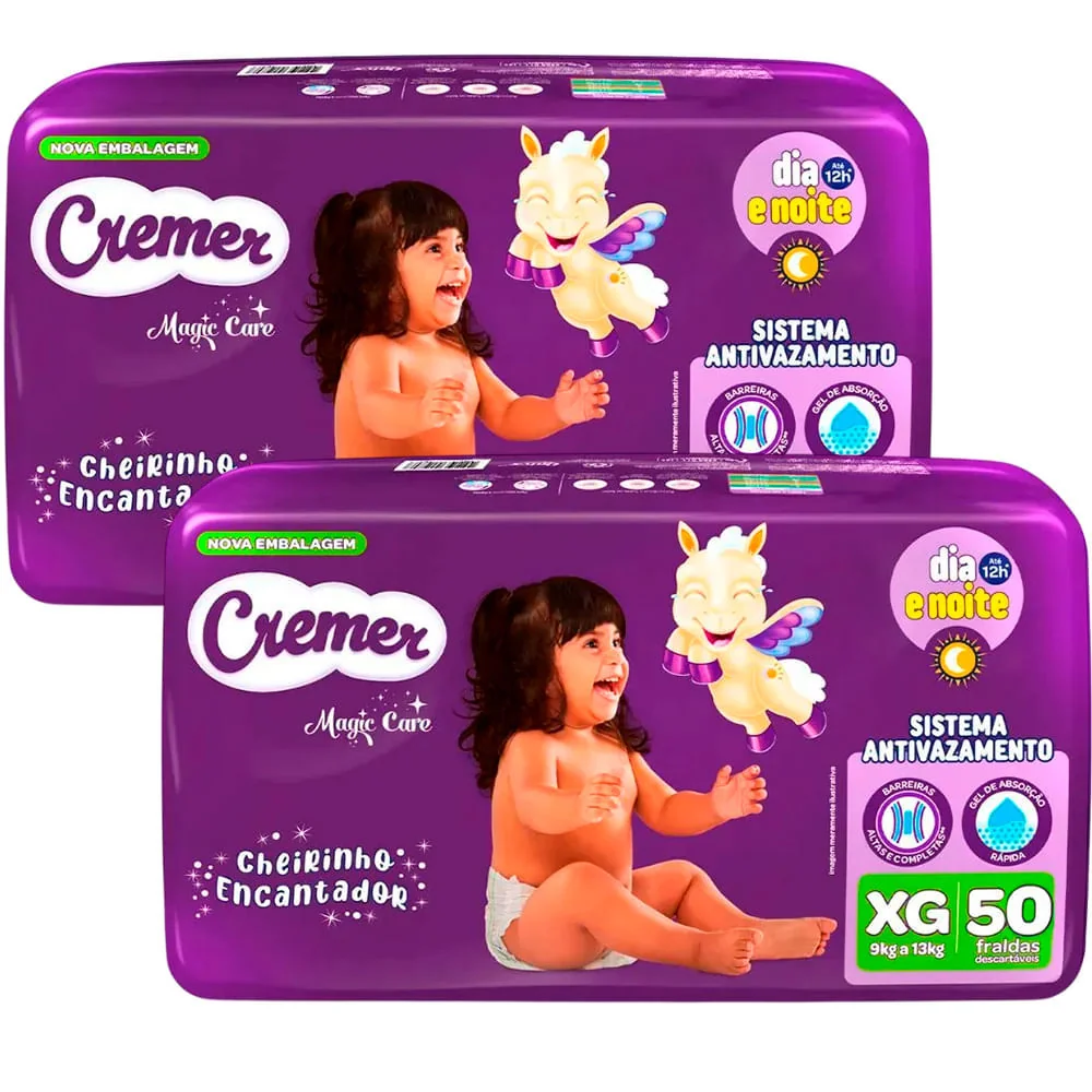 Kit 2 Fraldas Descartáveis Cremer Magic Care Hiper XG 50 Tiras