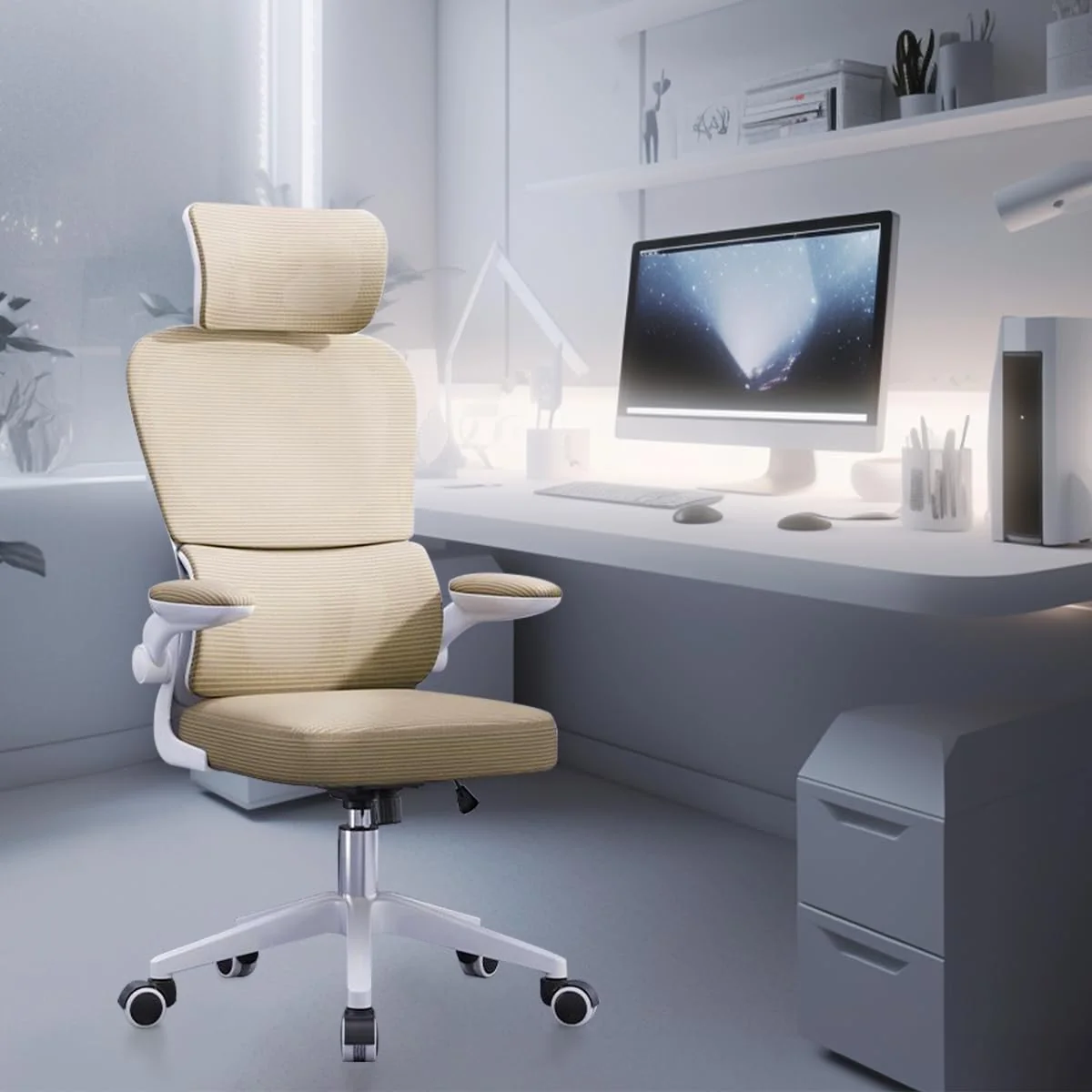 Cadeira de escritório, design ergonômico com suporte lombar independente, malha respirável e encosto de cabeça ajustável（Amarelo）