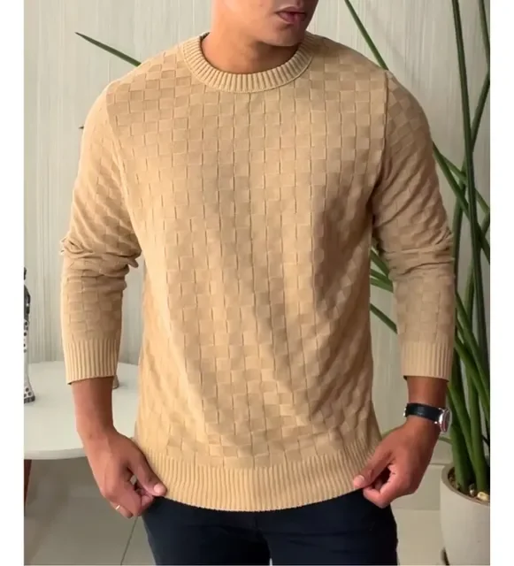 Blusa De Frio Masculina Trico Suéter Lã Gola Careca Xadrez