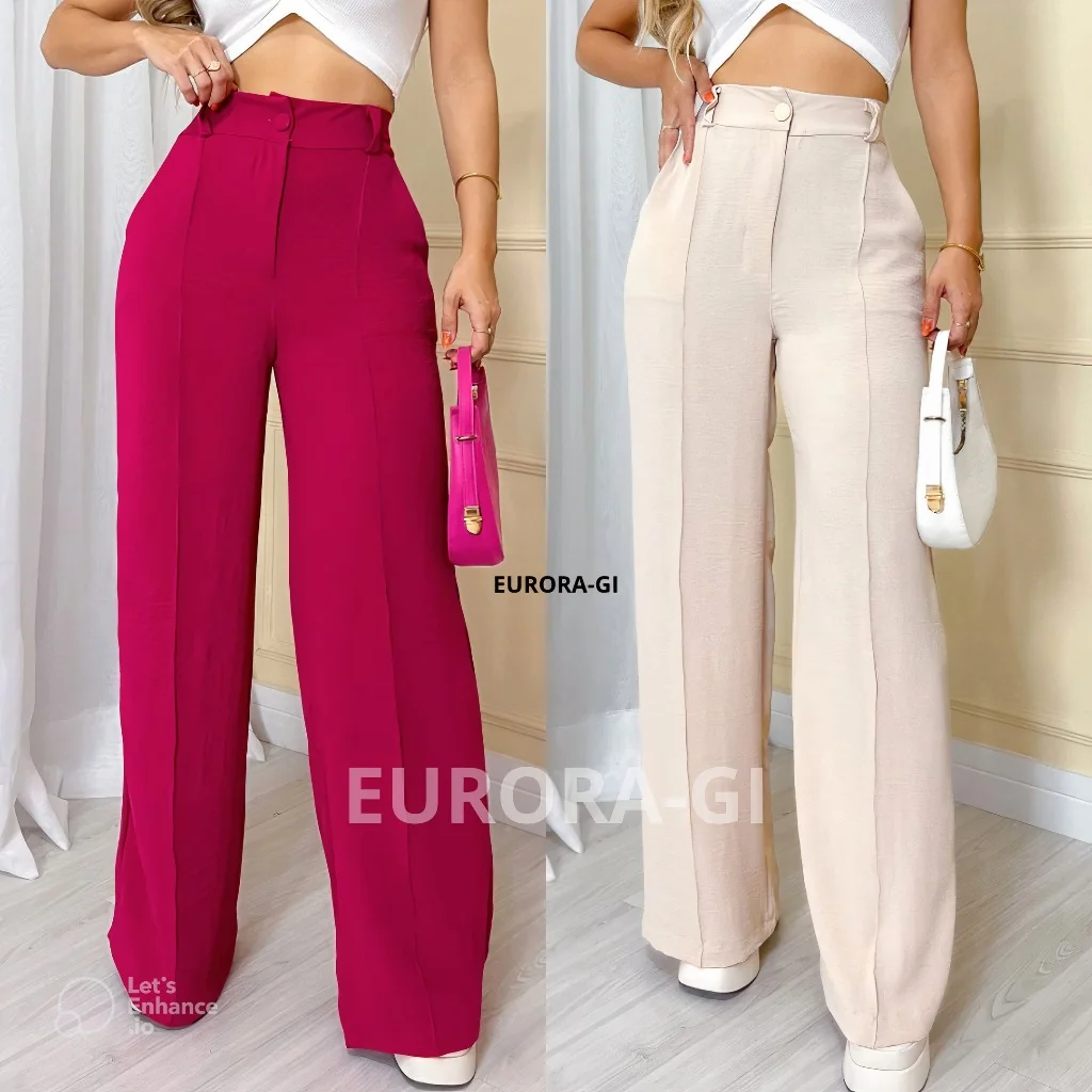 Calça Pantalona Feminina Com Botão e Elástico Na Cintura Tecido Duna Premium