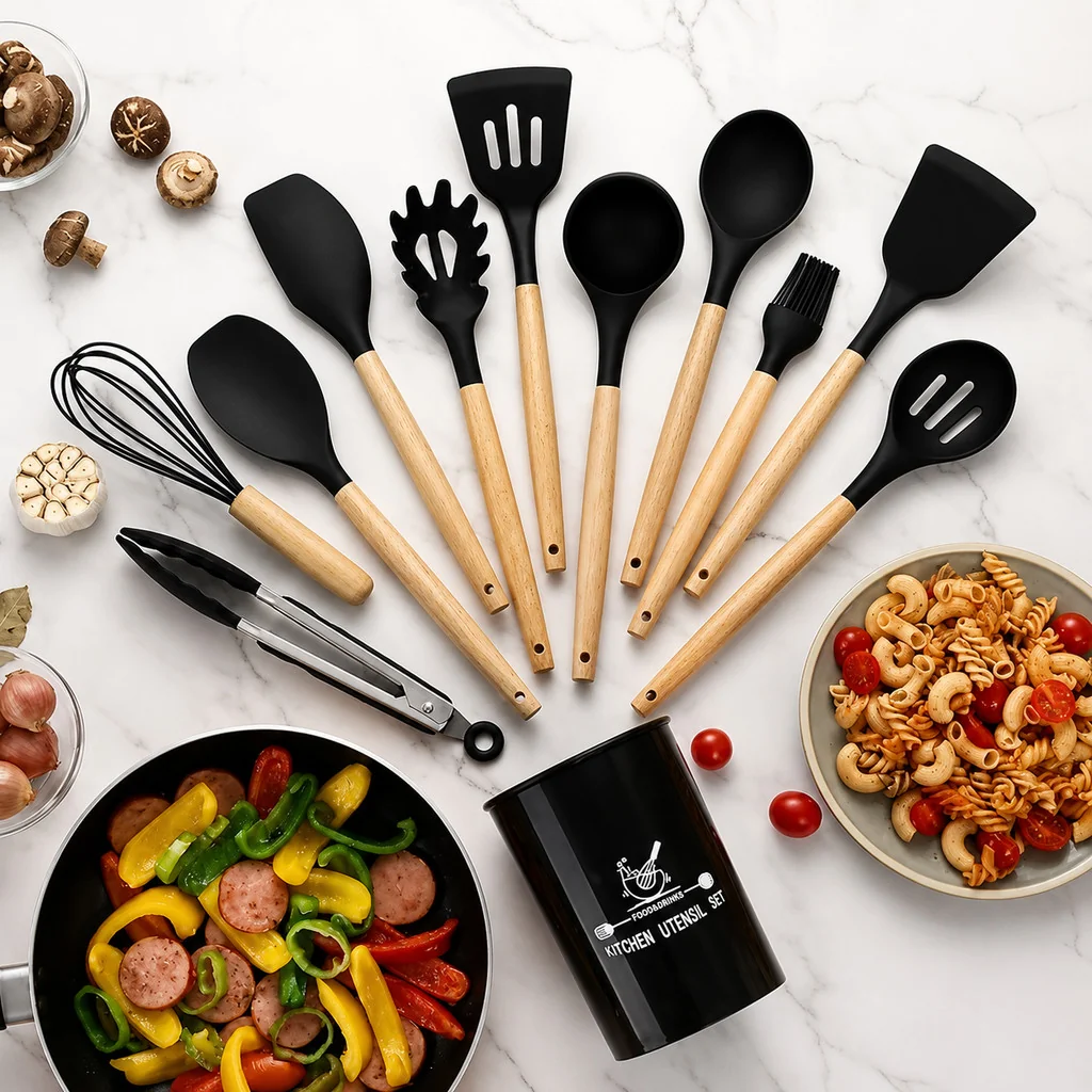 Kit Utensílios de Cozinha Silicone 12 Peças Completo Antiaderente Resistente