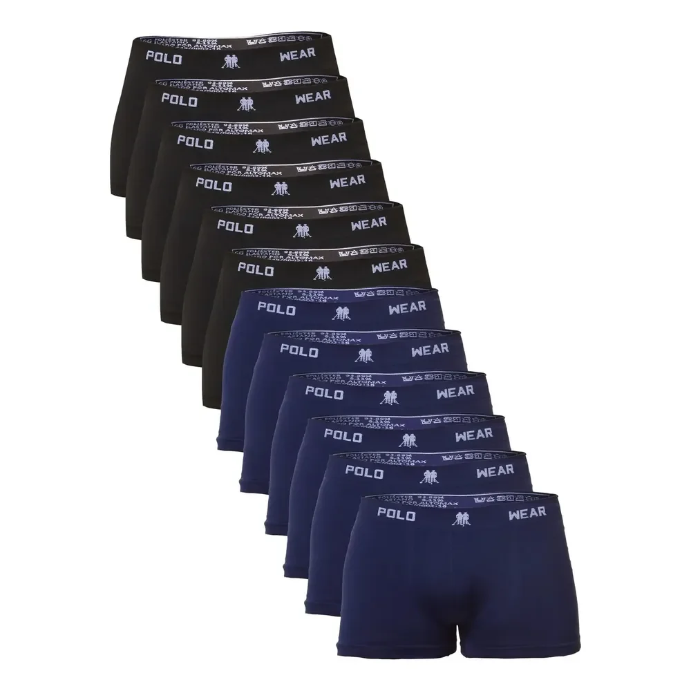Kit 12 Cuecas Boxer Polo Wear Masculino Microfibra Liso Preto / Azul-marinho Liso G