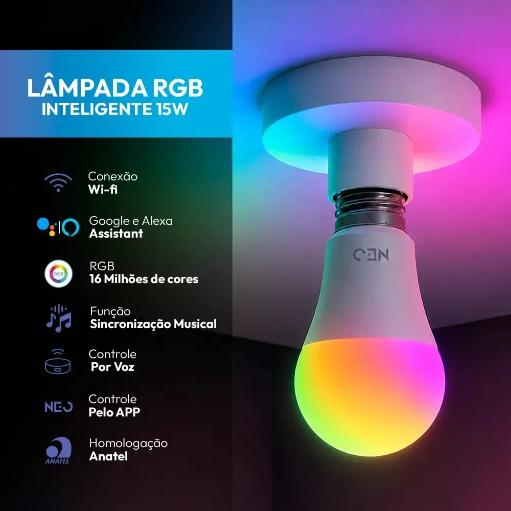 Lampada Led Pera Smart Inteligente Wi Fi 15w Rgb Colorido E27 Ip20 Branco Cod: 290048238 Avant Neo 127/220v