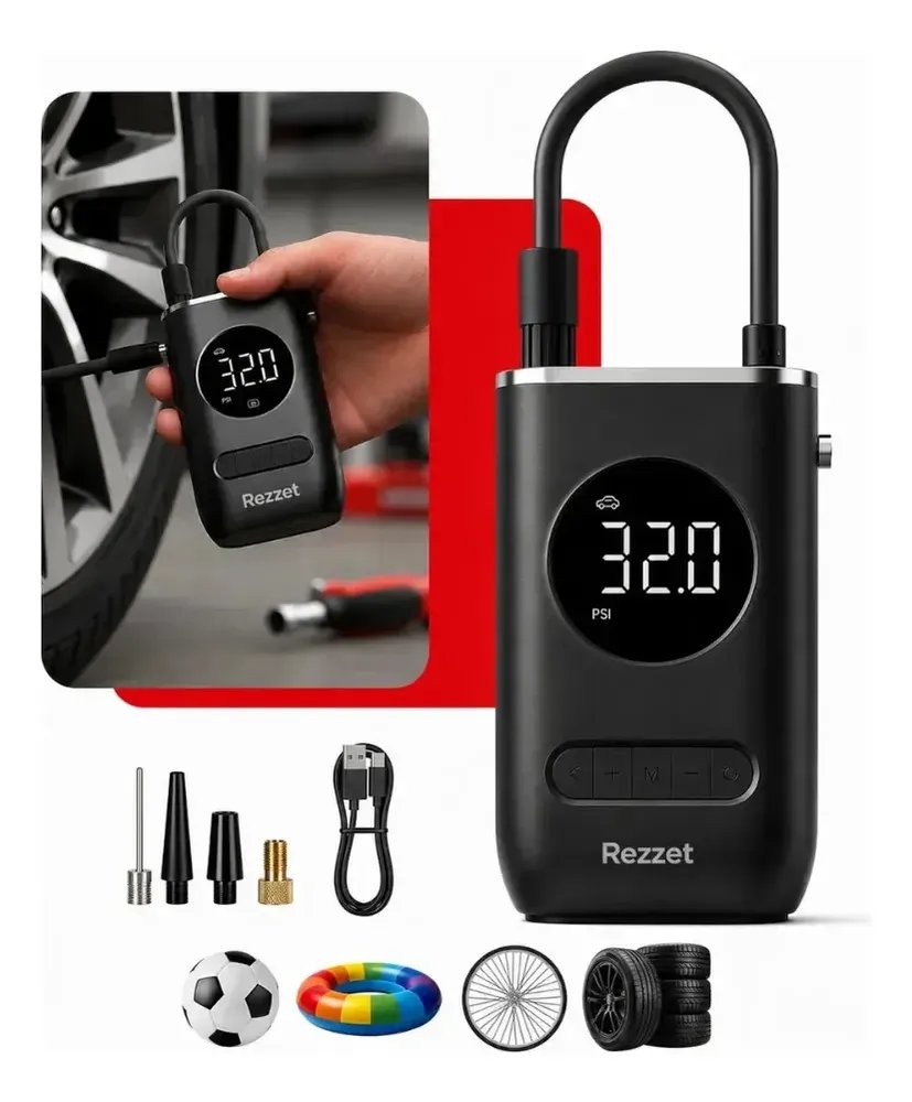 Mini Compressor Digital Rezzet Bomba De Encher Pneus Portátil Para Carro Bicicleta Motocicletas Cor Preto Com Calibrador