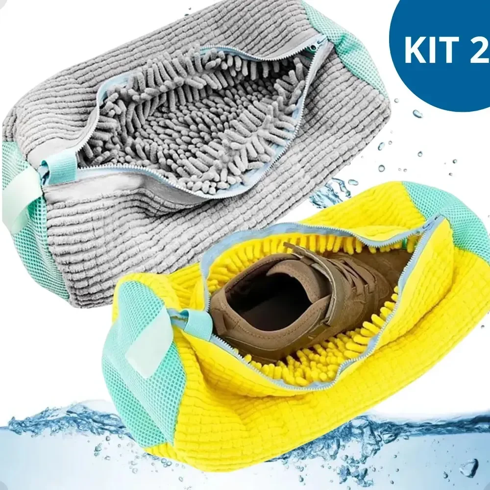 Kit 2 Sacos Para Lavar Tênis E Sapatos Na Máquina Shokki Com Zíper Reforçado Bolsa Protetora Reutilizável Para Calçados Limpeza Segura Proteção Contra Danos Durante A Lavagem Amarelo