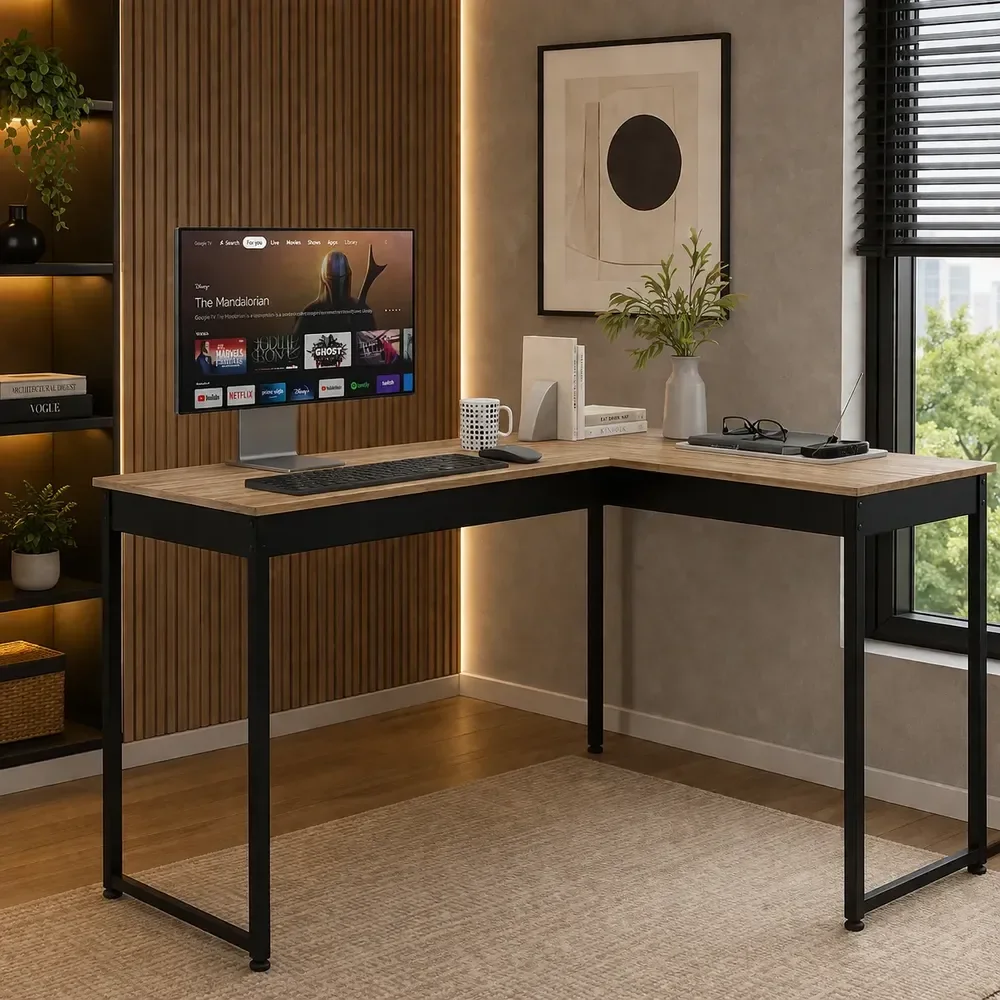 Mesa L De Canto Para Estudo Retro Design Nórdico Mod: Pier Lâmina Com Preto
