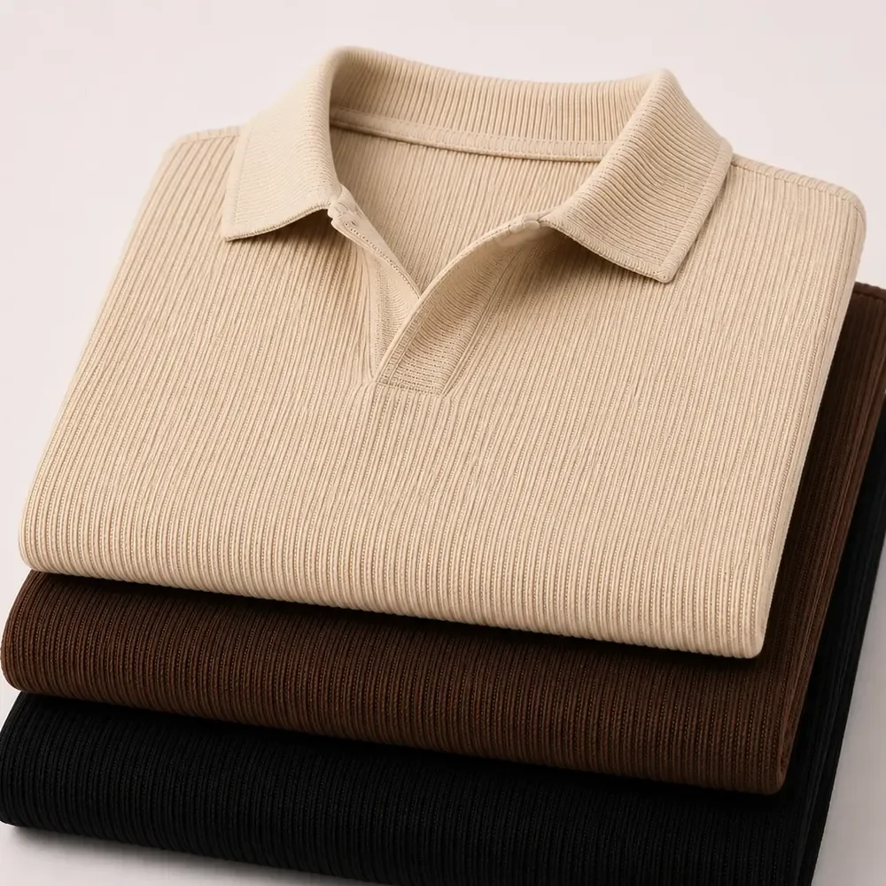 Kit Camisa Polo Masculina Canelada Gola Italiana Sem Botao Kit 3 - Bege / Marrom / Preto M