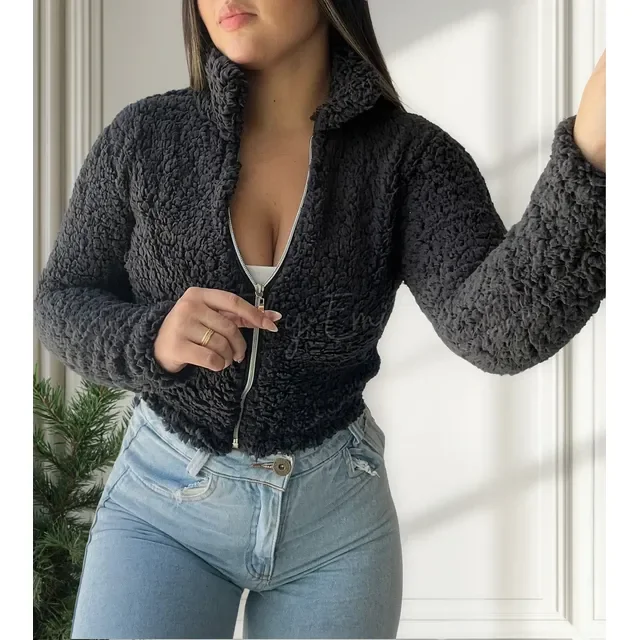 Jaqueta Feminina Pelo Sintético Teddy Sherpa Zíper Inverno