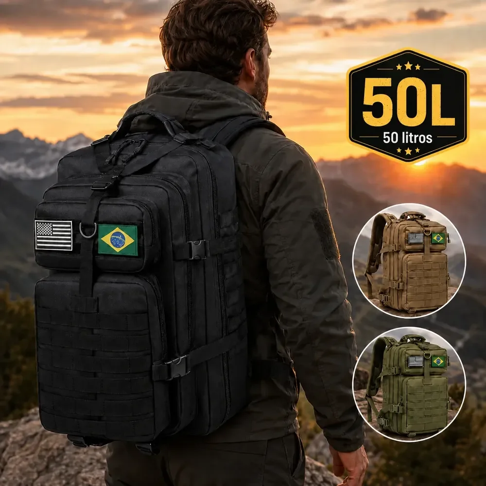 Mochila Militar Tática 50l Grande Reforçada Camping Viagem Preto Lisa