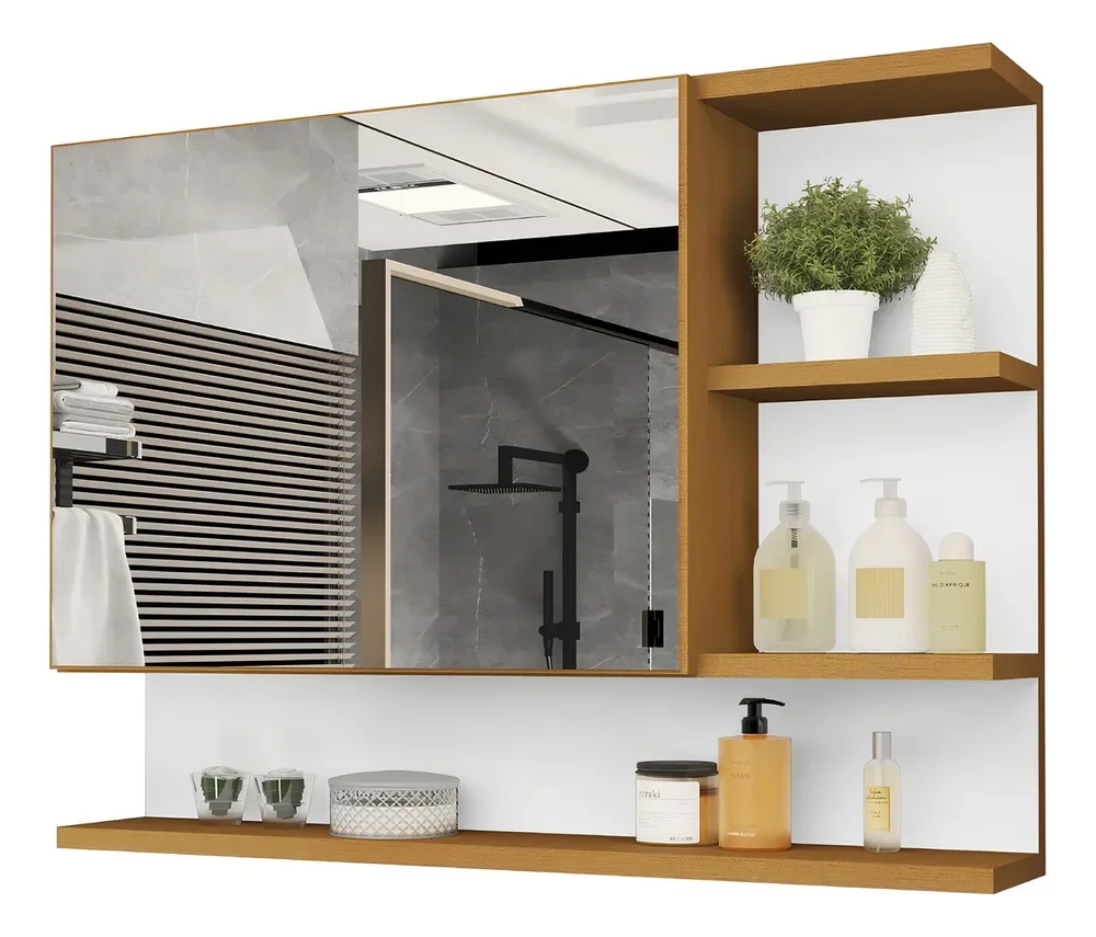 Espelheira Cleopatra de 60" para Banheiro com Espelho e Porta Nature/Branco