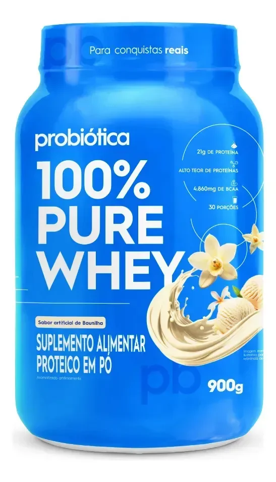 Whey Concertado Probiótica 100% Pure Whey Sabor Baunilha Pote de 900g