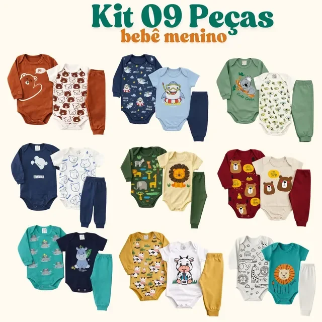 Kit 9 Peças Body Bebê Menino Algodão Inverno Manga Longa