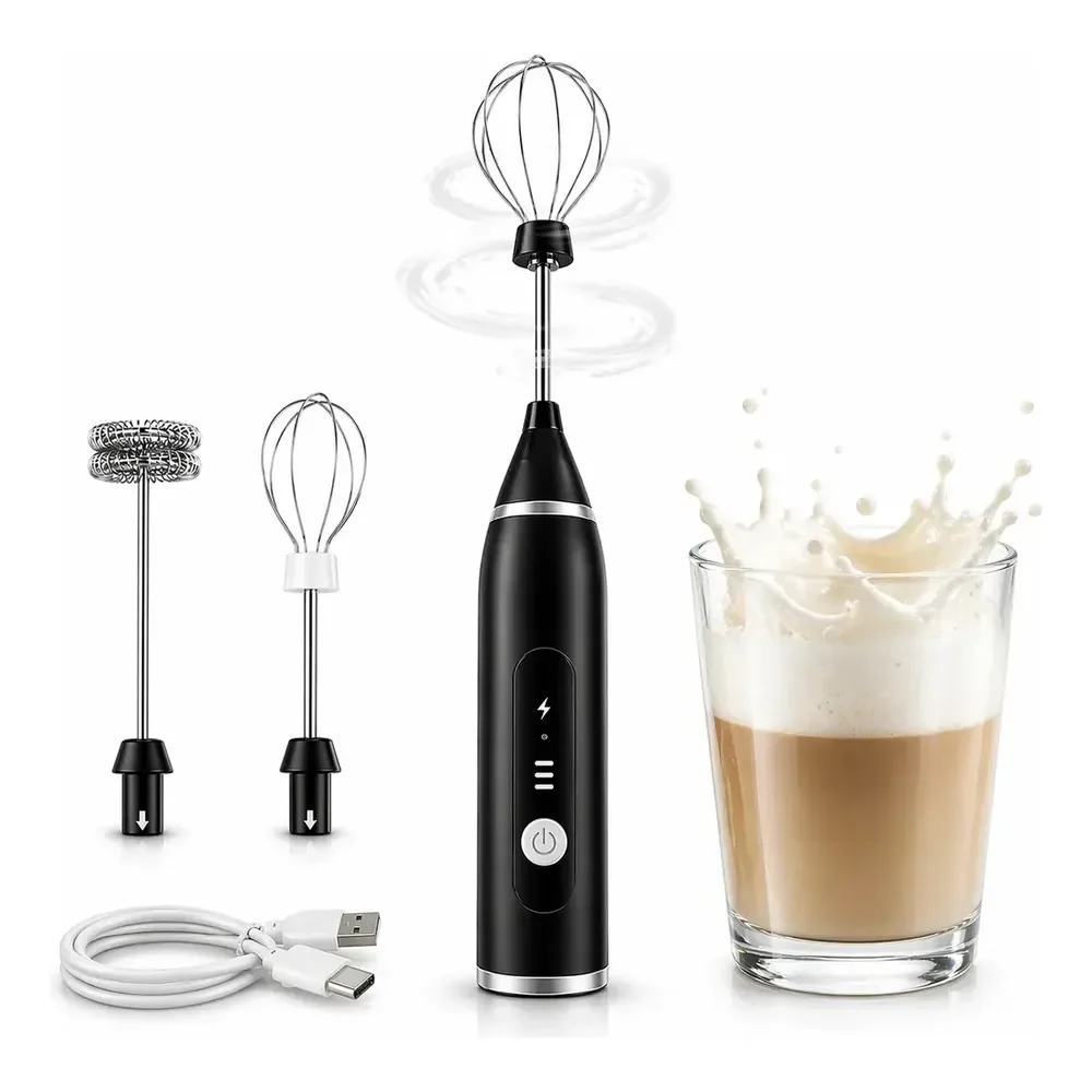 Mini Mixer Elétrico Portátil Recarregável Usb, Com 3 Velocidades E Batedor Duplo Para Café E Leite Preto