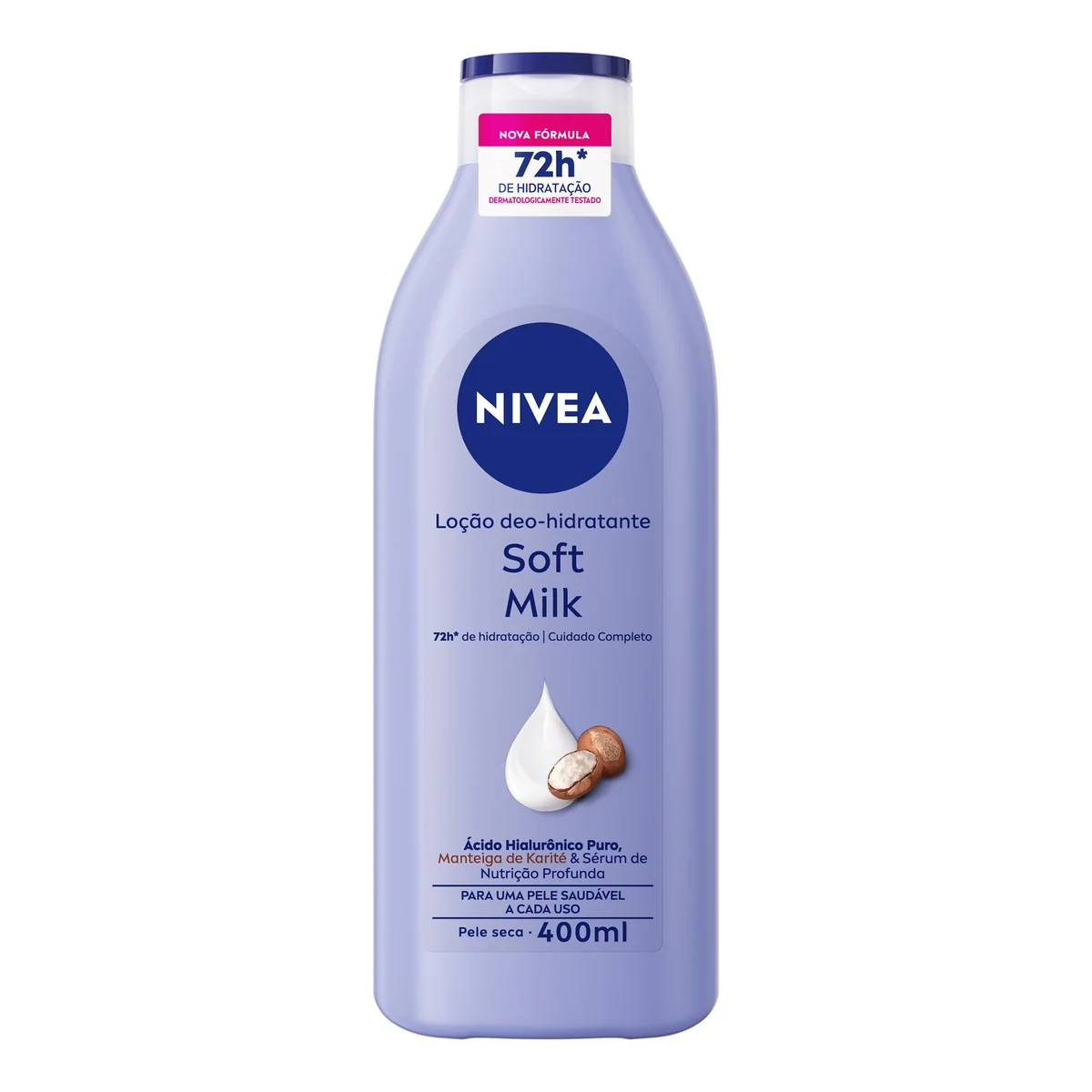 NIVEA Loção Deo-Hidratante Soft Milk 400ml, Hidratação Profunda 72h, Hialurônico Puro, Corporal, Pele Seca