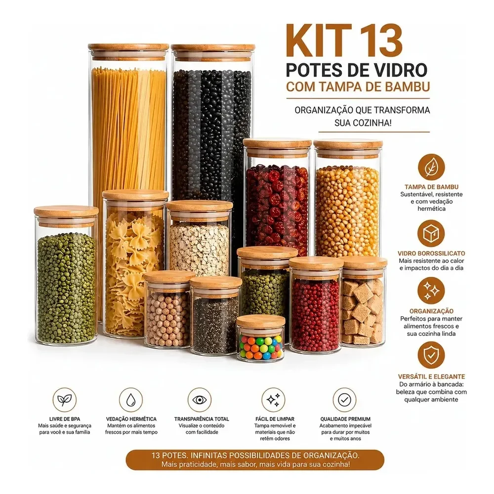 Kit 13 Potes Herméticos De Vidro Com Tampa De Bambu Para Organizar Cozinha Swave Transparente