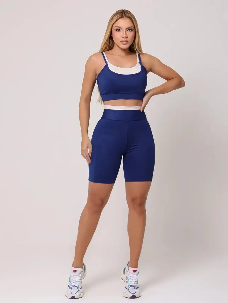 Conjunto Fitness Feminino Shorts Bolso Cintura Alta E Top Azul-marinho G
