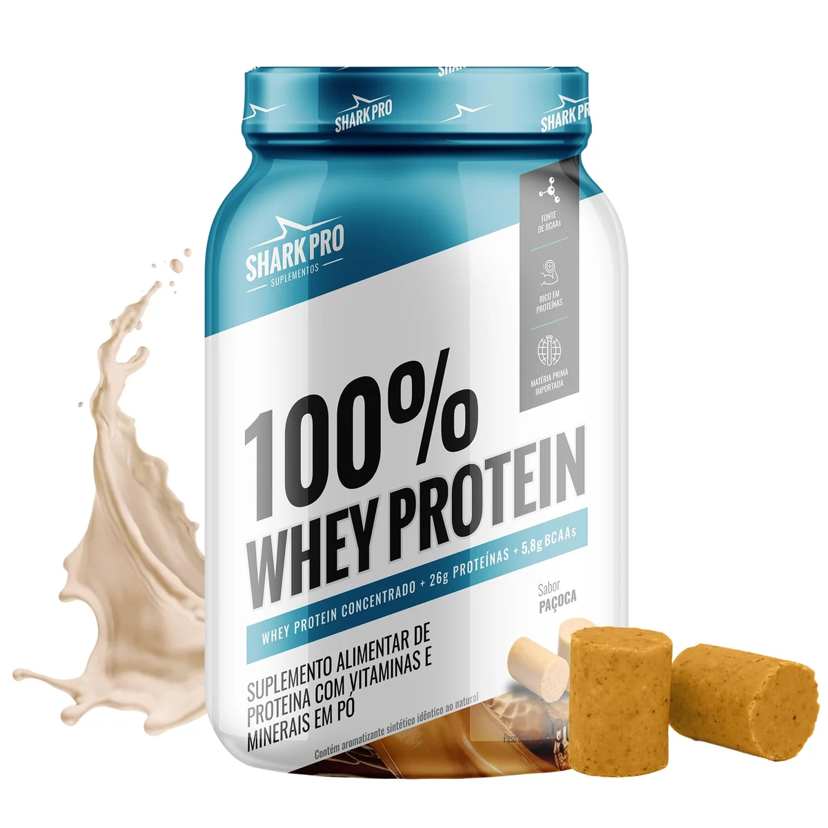 Shark Pro 100% Whey Protein Sabor Paçoca - 26g de Proteína por Porção - 5,8g de BCAAs - Suplemento Alimentar de Proteínas com Vitaminas e Minerais em Pó - Textura Cremosa - 900g Pote