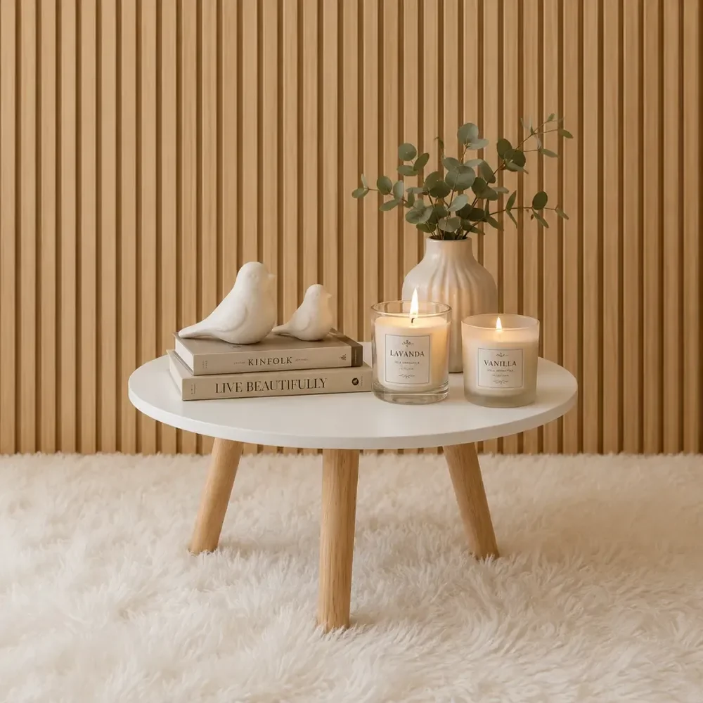 Mesa De Centro Redonda Compacta Branca Mdf Pés De Pinus Branco