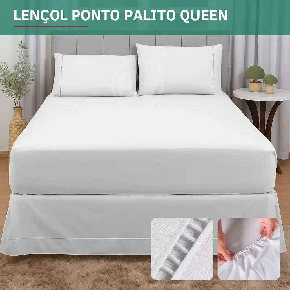 Kit Jogo De Lençol Queen 3 Pçs 400 Fios C/ Elástico Detalhe Ponto Palito Fronha Super Macio Confortável Hotel Cor Branco Premium Liso