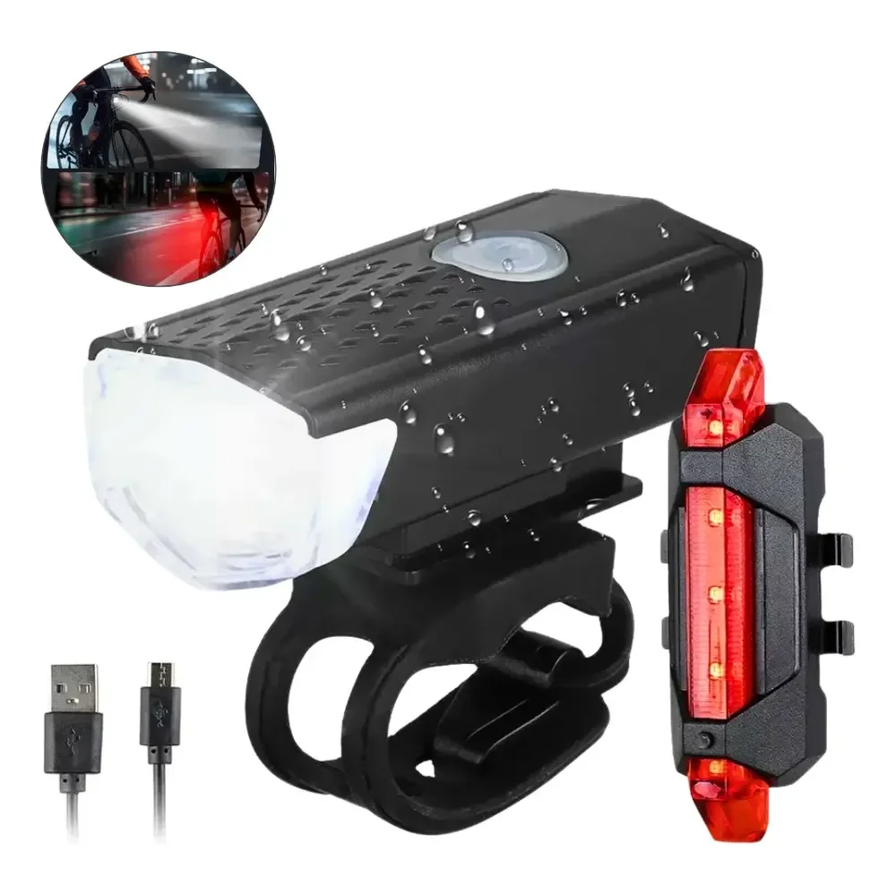 Kit Farol Bike Led Ultra Forte Lanterna Recarregável Potente Dianteira Com Sinalizador Traseiro Com 3 Modos De Iluminação Preto
