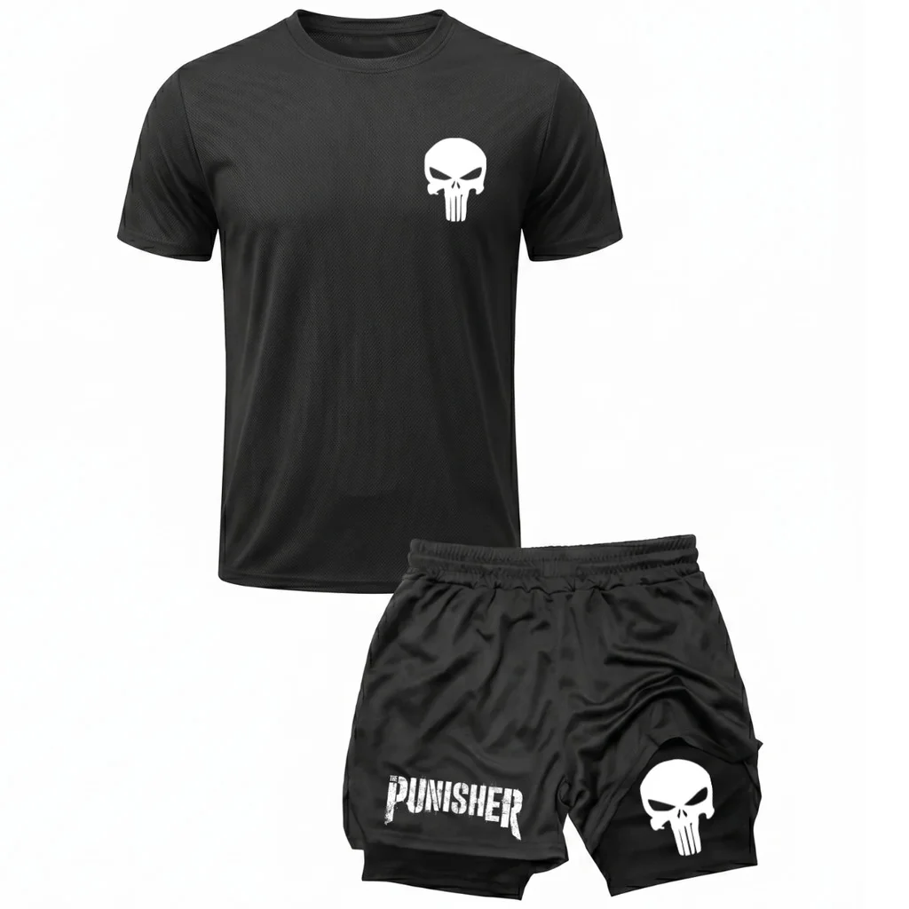 Kit Academia Treino Camiseta Dry Fit + Short 2 Em 1 Compressão Punisher