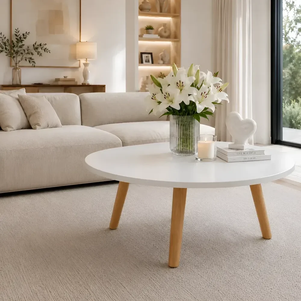 Mesa De Centro Redonda Para Sala Mdf Pés Palito De Madeira Branco
