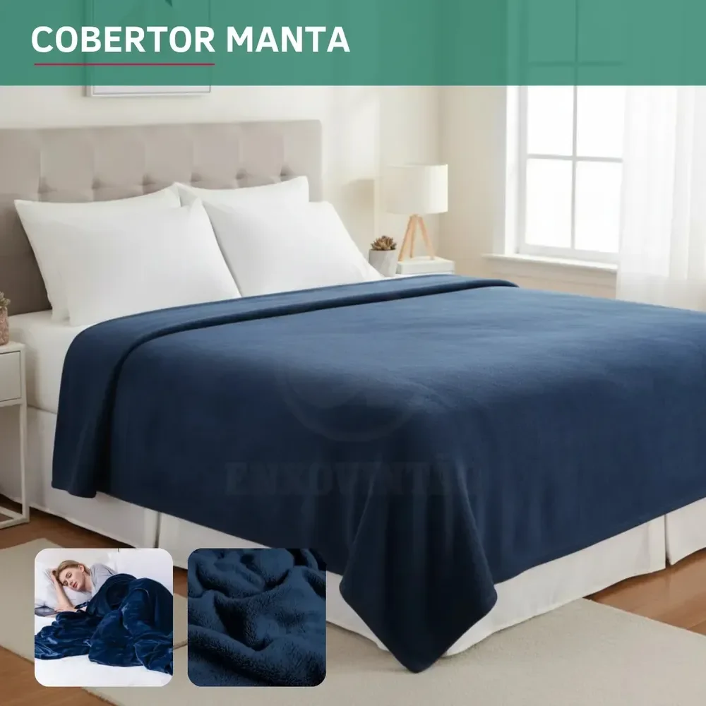 Cobertor Manta Soft Casal Microfibra Antialérgica Veludo Super Quentinha Toque Macio E Confortável Cor Azul Marinho Liso