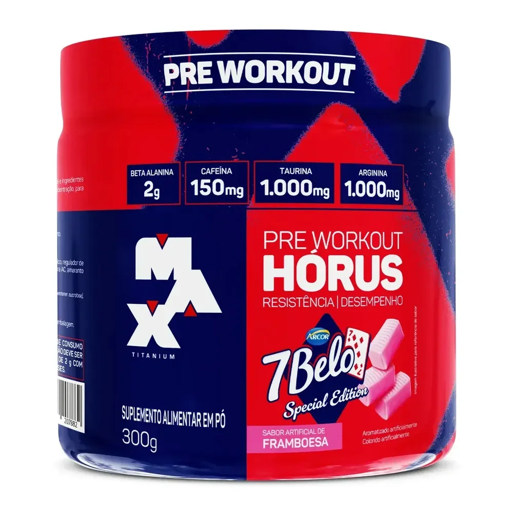 Pré Treino Hórus 7 Belo Max Titanium 300g Sabor Framboesa 150mg Cafeína Energia Foco Performance 7 Belo - Artificial Framboesa