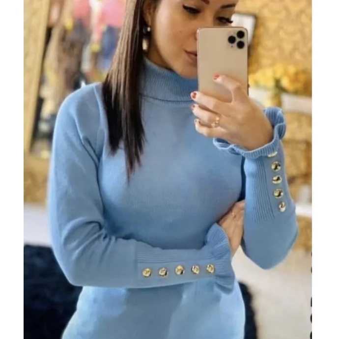 Blusa Moda Feminina Tricot linha  Gola chacharrel  manga babado botao sueter lançamento