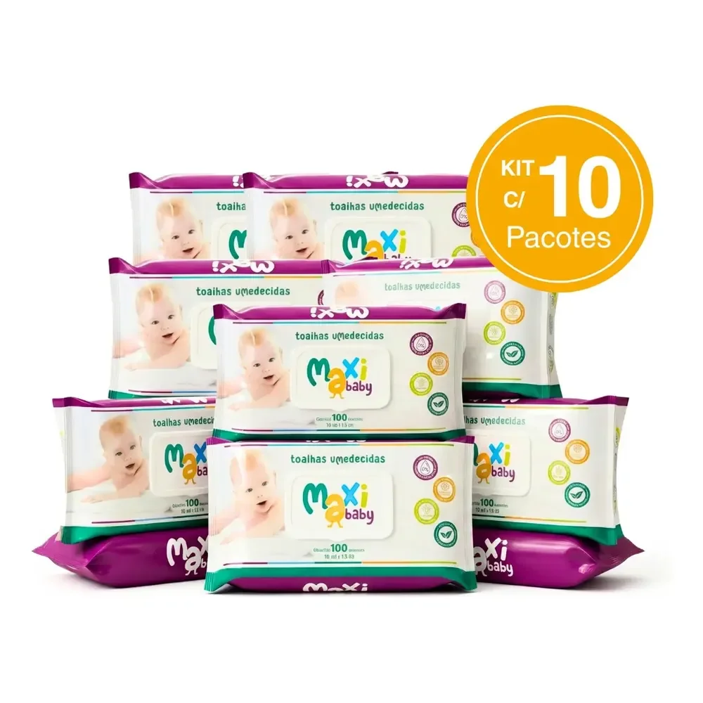Kit 10 Toalhas Umedecida Hipoalergênico 100un Cada Maxi Baby