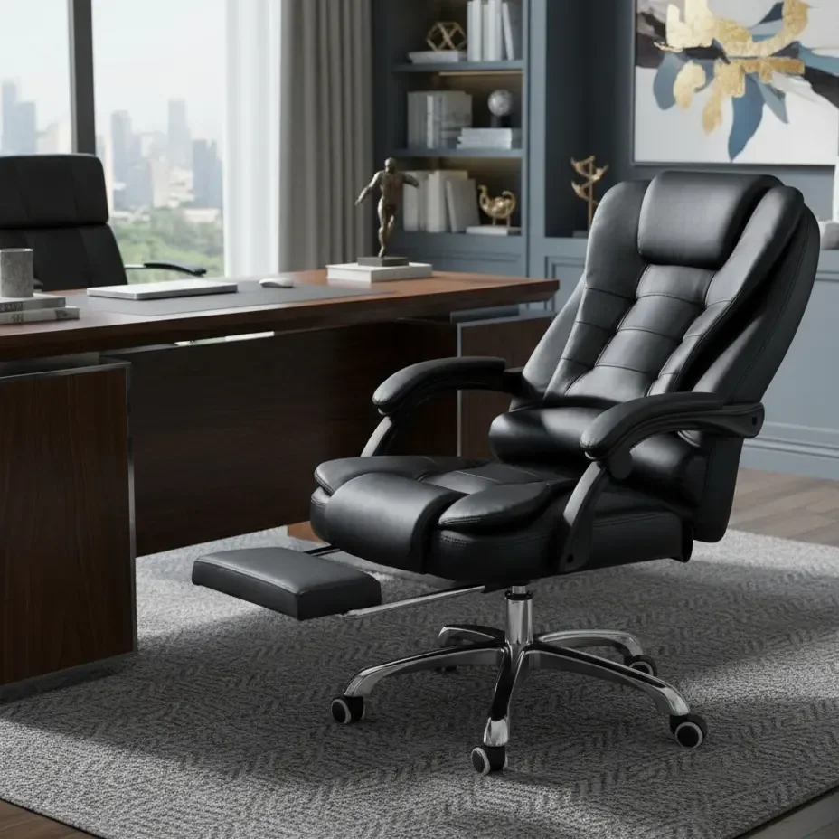 Cadeira De Escritório Presidente Ergonômica Python Fly Couro Sintético Encosto Ajustável Com Trava E Apoio Para Pés Cor Preta Preto