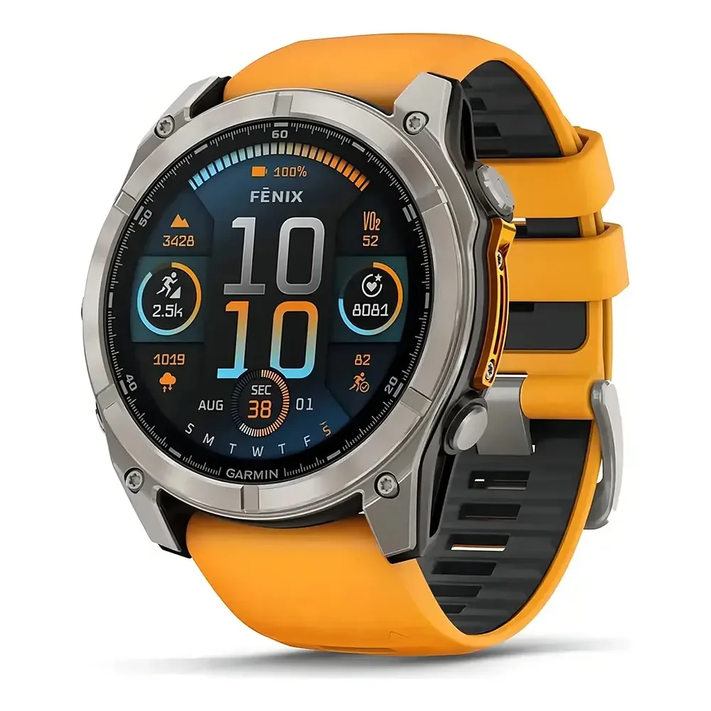 Relógio Garmin Fenix 8 Safira Titânio com Pulseira de Silicone Laranja com Grafite 51mm