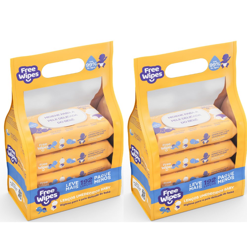Kit com 2 Promo Pack Lenços Umedecidos Baby Free Wipes - Cuidado Puro (384 lenços)