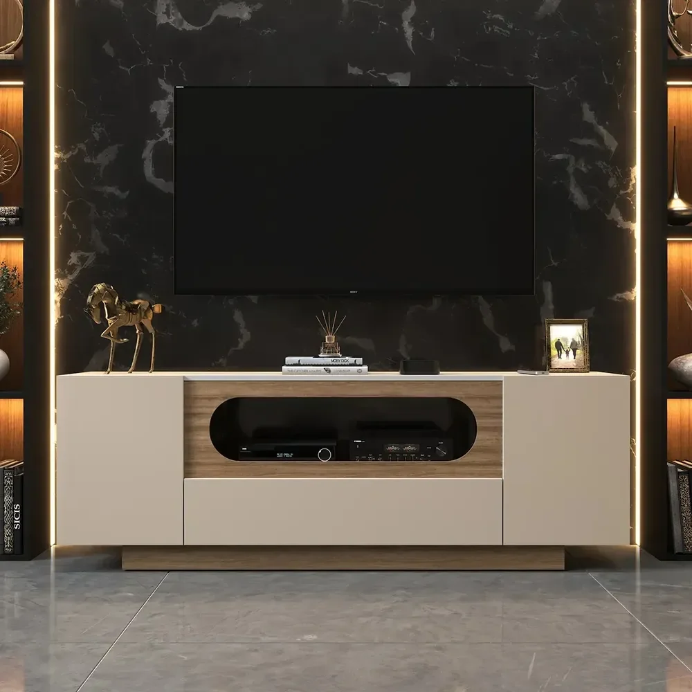 Rack Para Tv Até 60 Polegadas Off White Amadeirado Nicho Curvo Design Moderno Sala De Estar