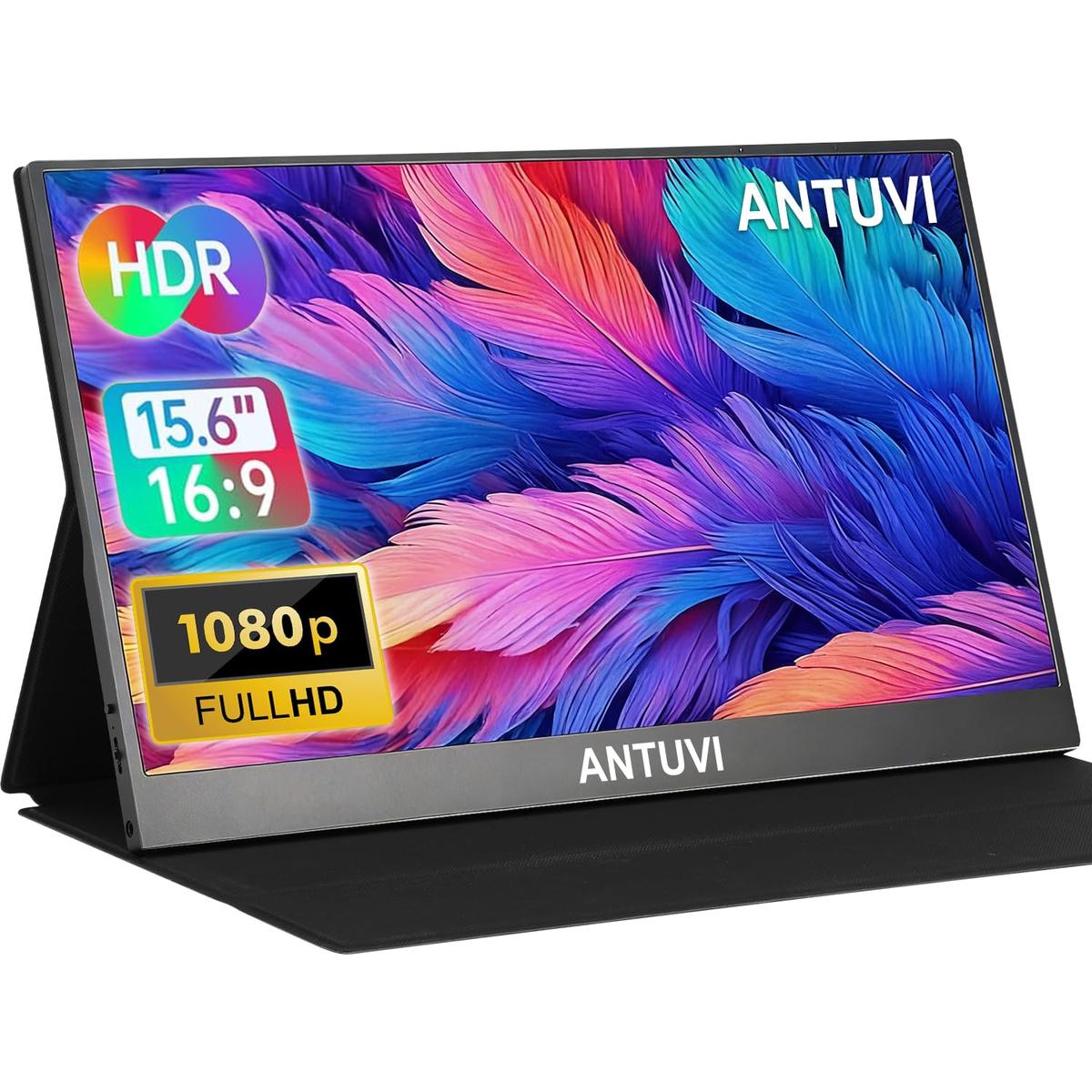 ANTUVI Monitor Portátil 15.6''+ Case, 1080P, MINI Segunda de Notebook Extensor De Tela, Ultra-Slim e portátil, com alto-falante de pé, Adequado para Viagens, Casa, Trabalho/Jogos ﻿