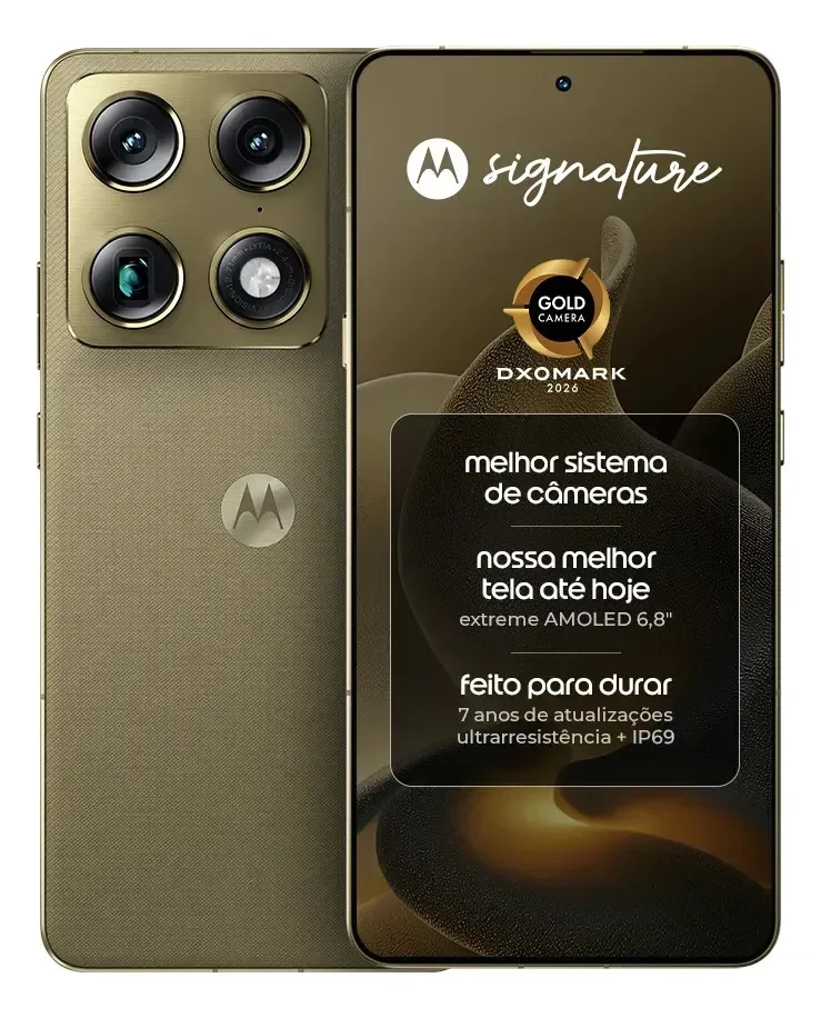 Smartphone Motorola Signature 5G - 512GB 24GB (12GB RAM + 12GB RAM Boost), 3 cameras 50MP Sony Lytia e Zoom 100x, Tela 1.5K extreme Amoled 165hz verde oliva
