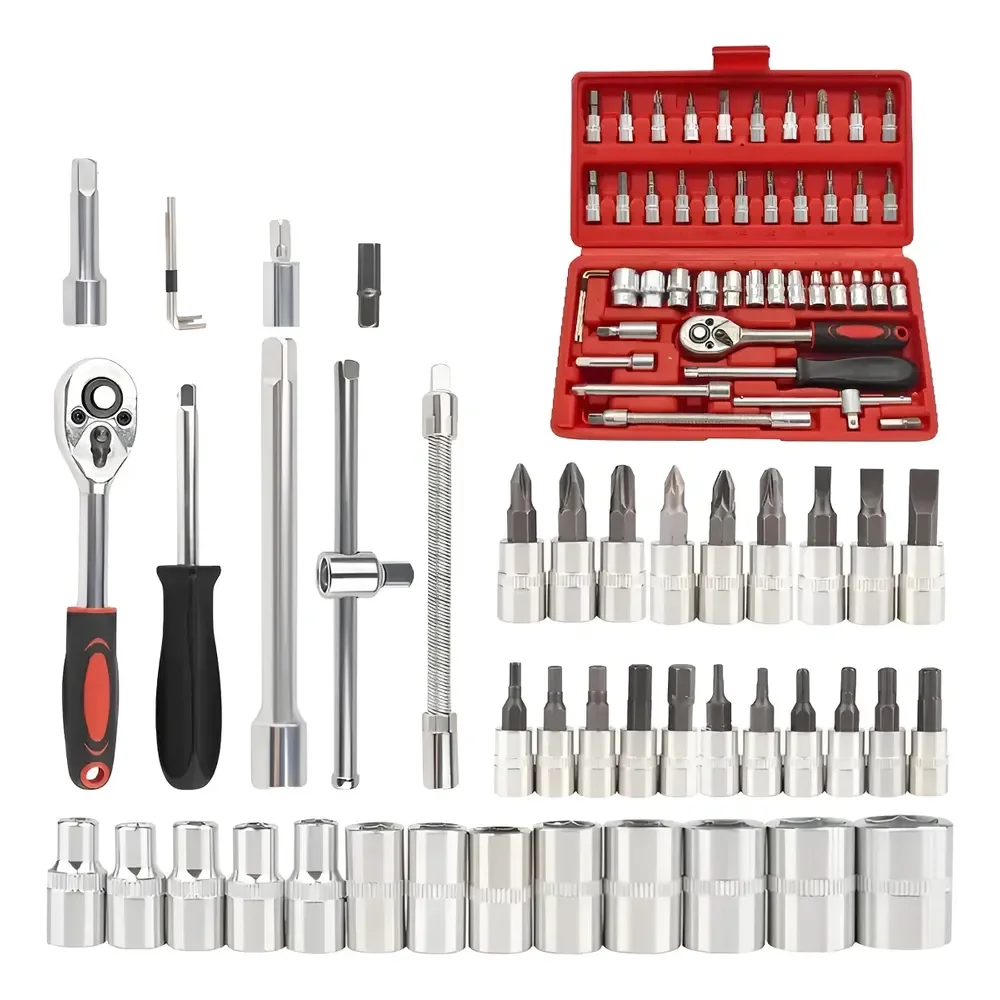 Kit Chaves Jogo Catraca Reversivel Soquetes 46 Pecas Maleta Vermelho