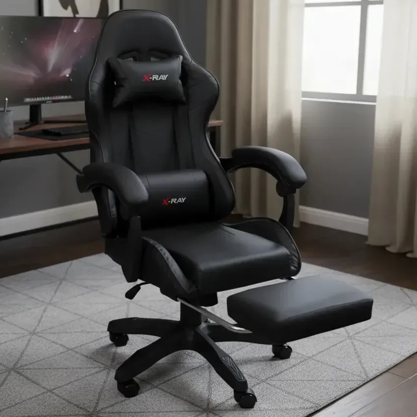 Cadeira Gamer Reclinável X-ray Fit Preta Ergonômica Com Apoio Para Pés Preto Couro Sintético