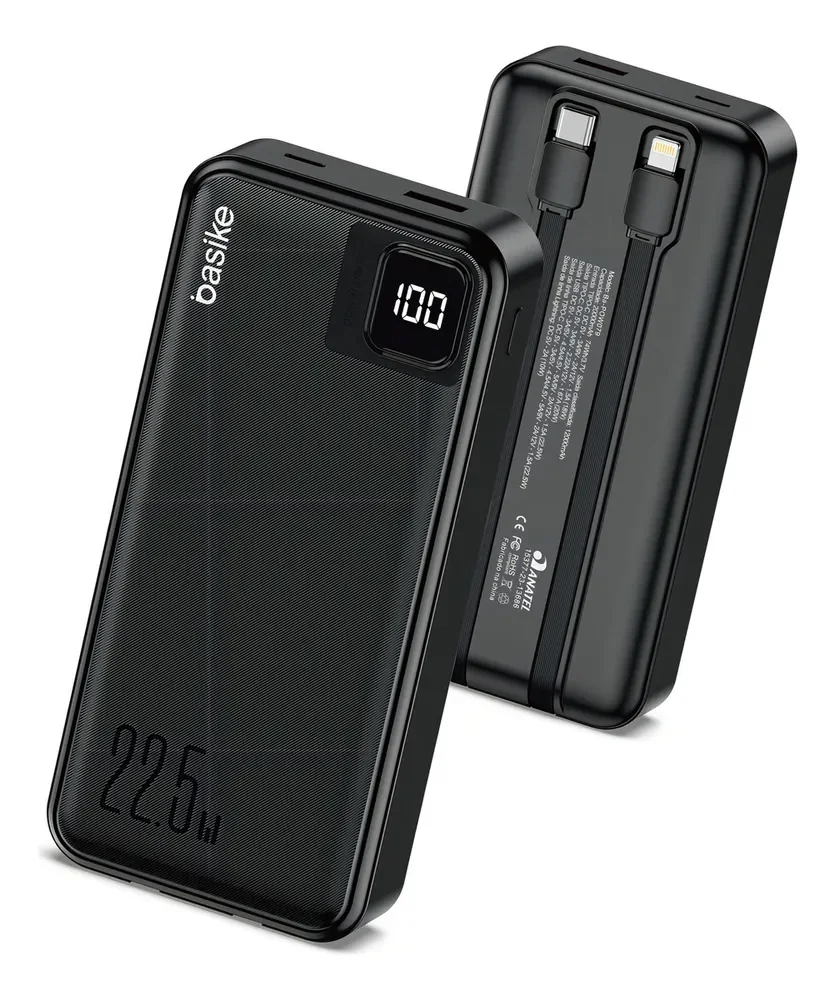 Power Bank Basike 20000mAh Preto, Carga Rápida 22.5W para iPhone e Samsung, Com Cabos Embutidos e Display