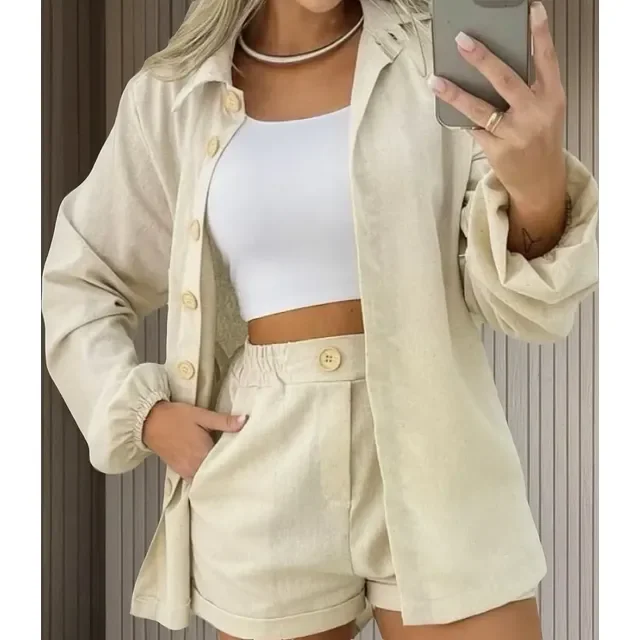 Conjunto Linho Feminino Camisa E Short Linha Premium