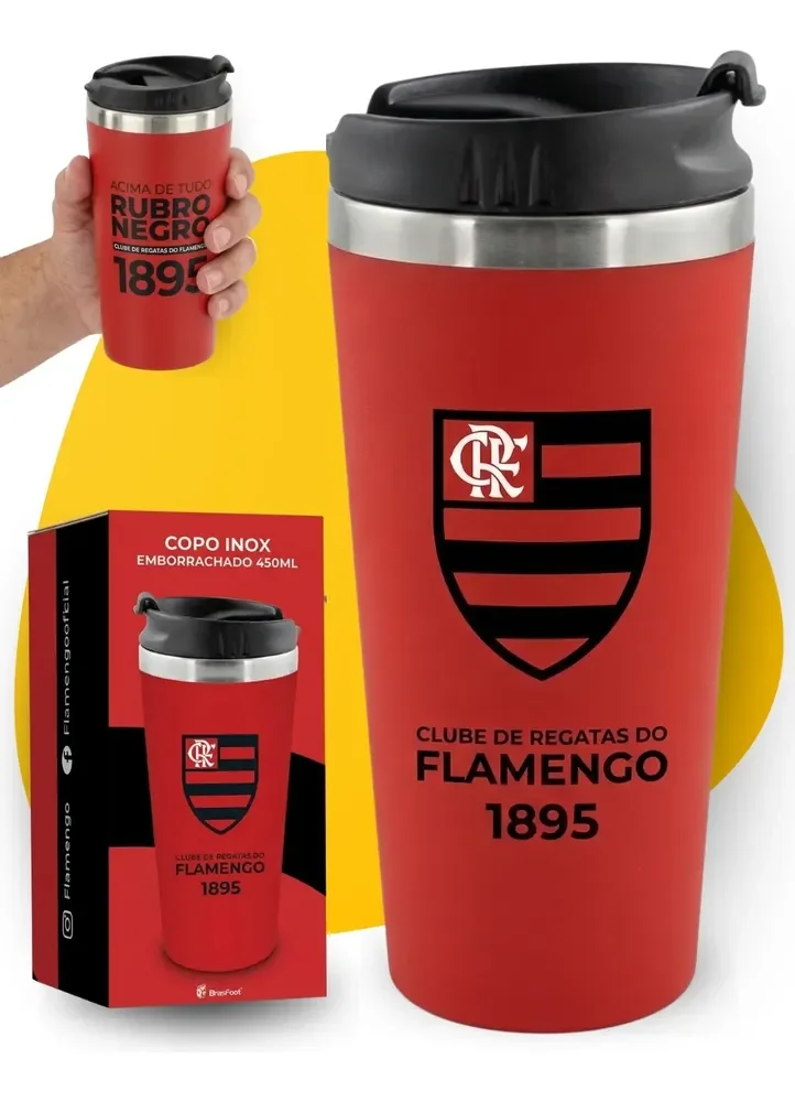 Copo Térmico Emborrachado Inox Com Tampa 450 Ml Futebol Flamengo