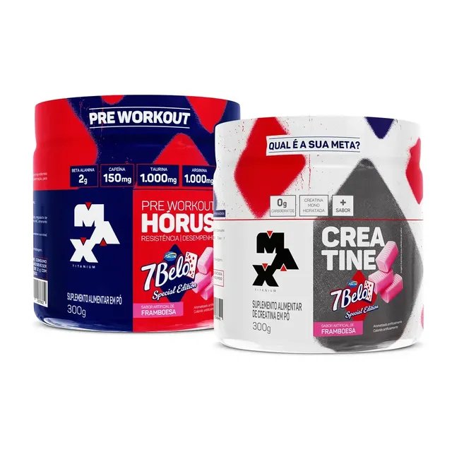 Kit Pré Treino Hórus 7 Belo + Creatina 7 Belo Max Titanium 300g Framboesa 150mg Cafeína Energia Força Performance 7 Belo - Artificial Framboesa
