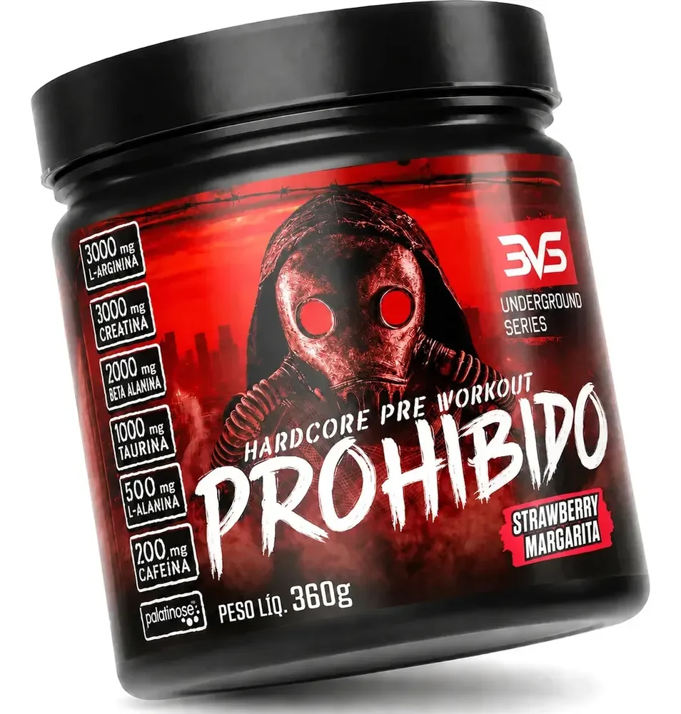 PRÉ TREINO PROHIBIDO 360g Sabor Morango (Strawberry Margarita) - Fórmula Avançada contendo Creatina, Beta Alanina, Taurina, L-tirosina, L-alanina, Cafeína, Arginina e Palatinose - Extra Forte