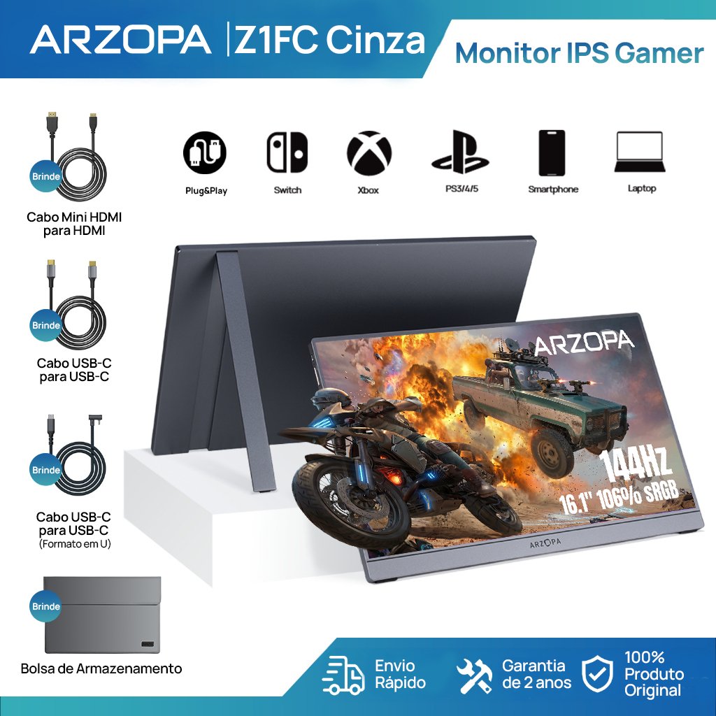 Monitor Gamer Portátil ARZOPA 16.1" 1080P, 144Hz, 106% sRGB, HDR, para Mac, PC, Switch e PlayStation
