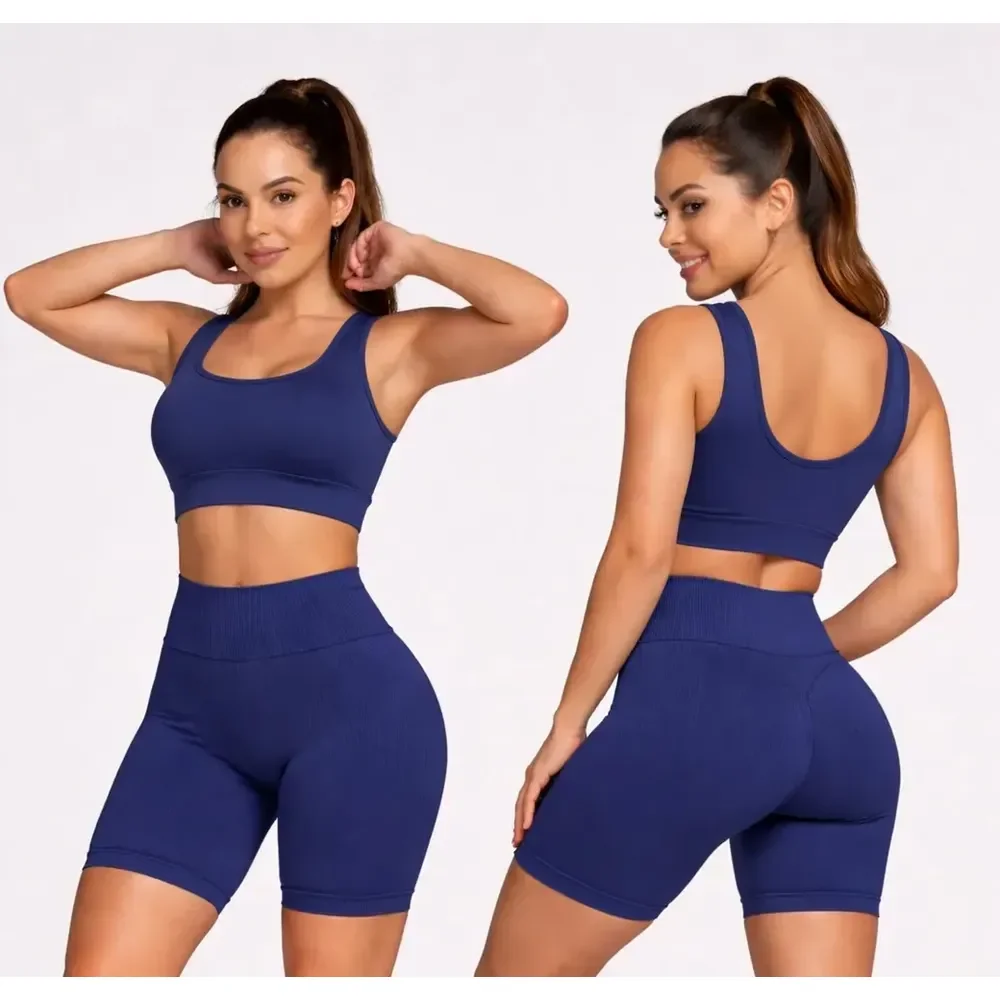 Conjunto Selene Top + Short Sem Costura Canelado Fitness Azul Indico Lisa M