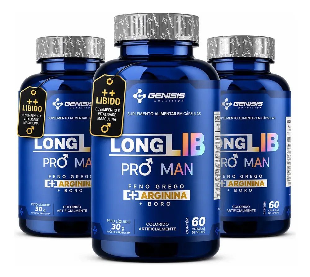 Kit 3x Longlib Pro Man Feno Grego Arginina Boro + Brinde Sem Sabor