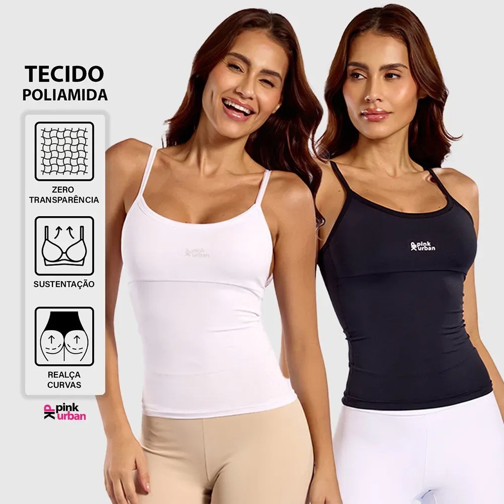 Kit 2 Regata Camiseta Alcinha Fitness Feminino Poliamida Black E White Colors P